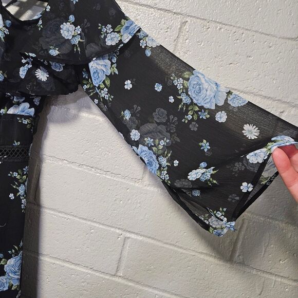 Disney Princess Dress Cold Shoulder Black Blue Floral Size L - Picture 3 of 12